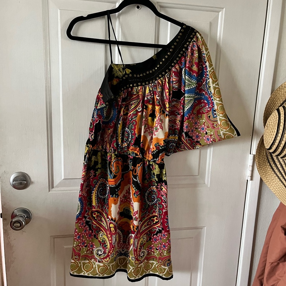 Angie Blouson Dress Multi-Color Floral Cold Shoulder Open Sleeve Size medium